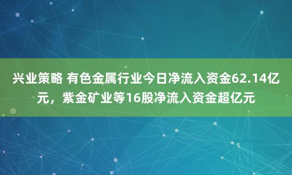 兴业策略 有色金属行业今日净流入资金62.14亿元，紫金矿业等16股净流入资金超亿元